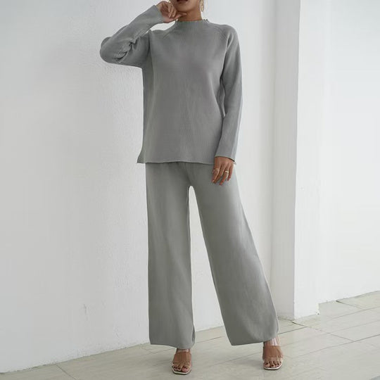 Damen elegantes und lässiges Strick-Loungewear-Set mit hohem Kragen und weiten Beinen R&B
