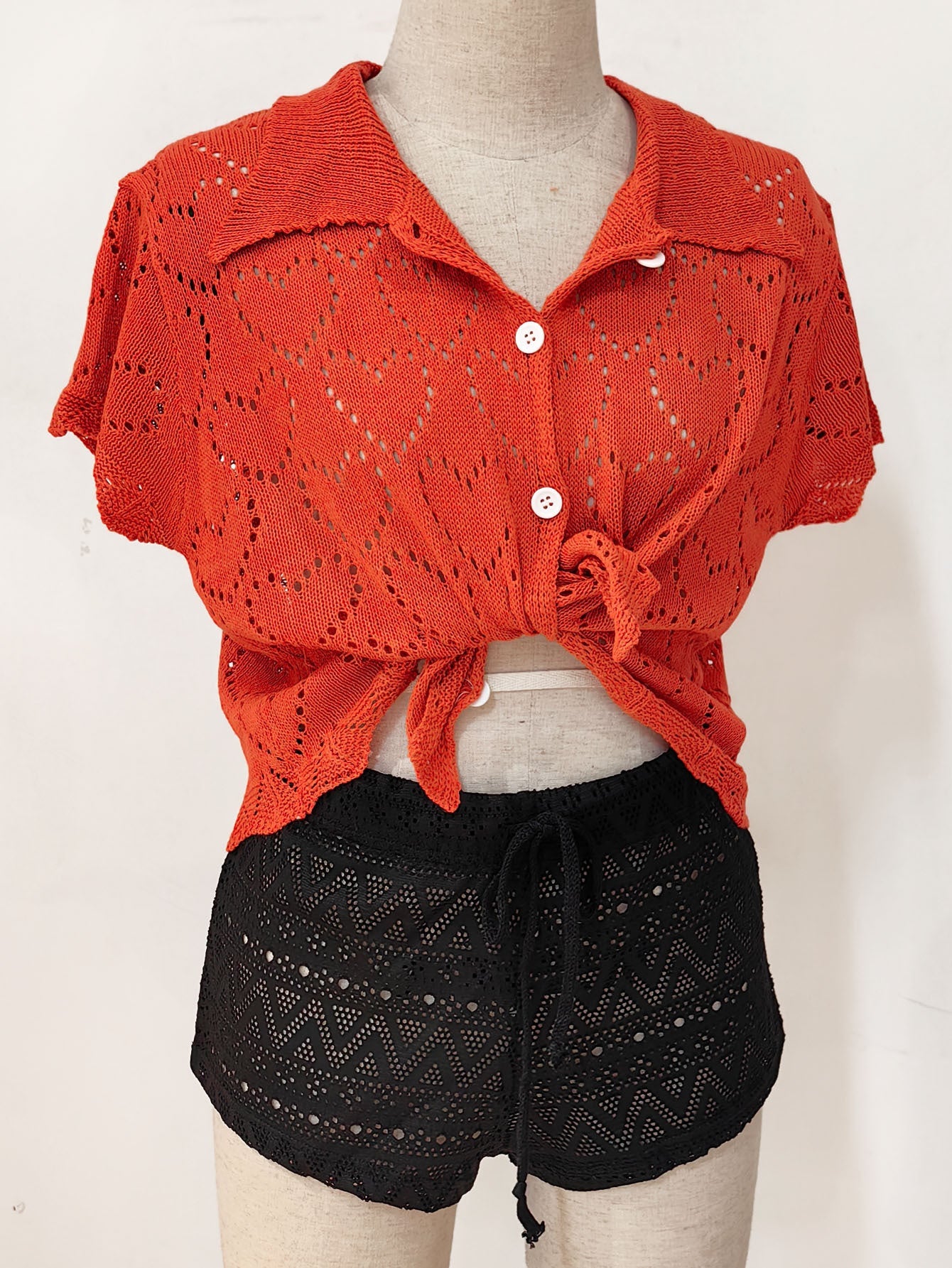 Damen luftiger Häkel-Cardigan mit modischem Lochmuster R&B