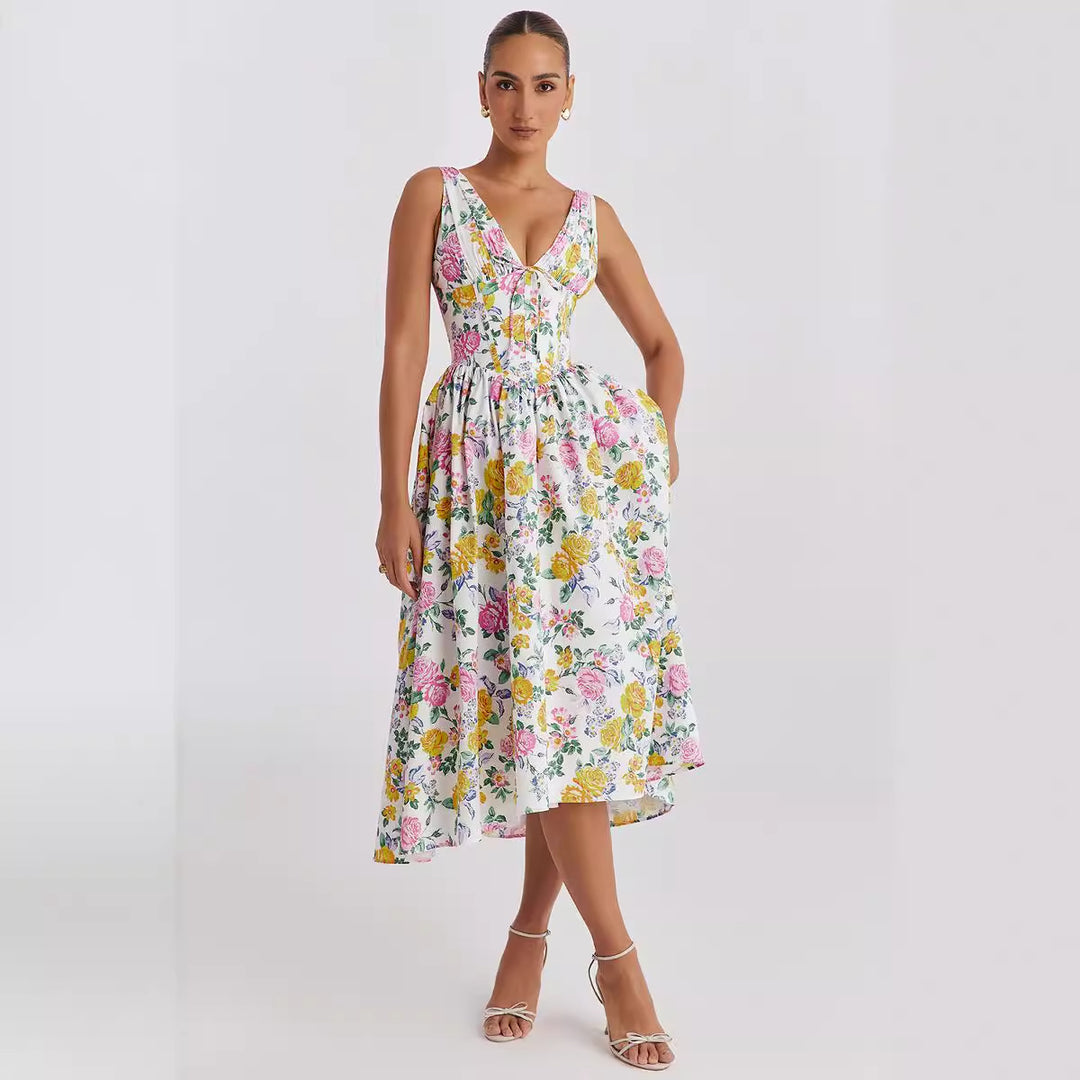 Damen Midikleid mit floralen Akzenten und tailliertem Oberteil R&B