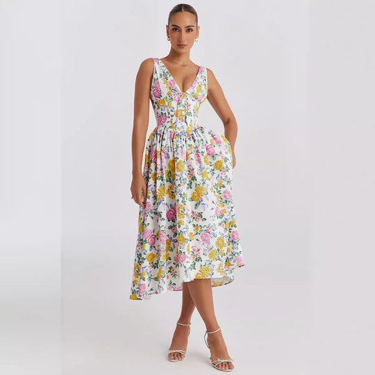 Damen Midikleid mit floralen Akzenten und tailliertem Oberteil R&B