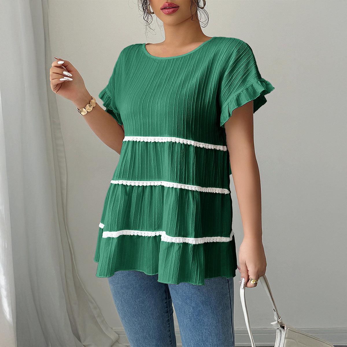 Damen Rüschenshirt mit dekorativen Borteinsätzen R&B