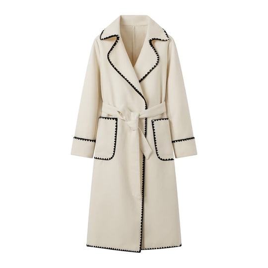 Damen eleganter Longcoat mit Bindegürtel und kontrastierenden Paspeln R&B