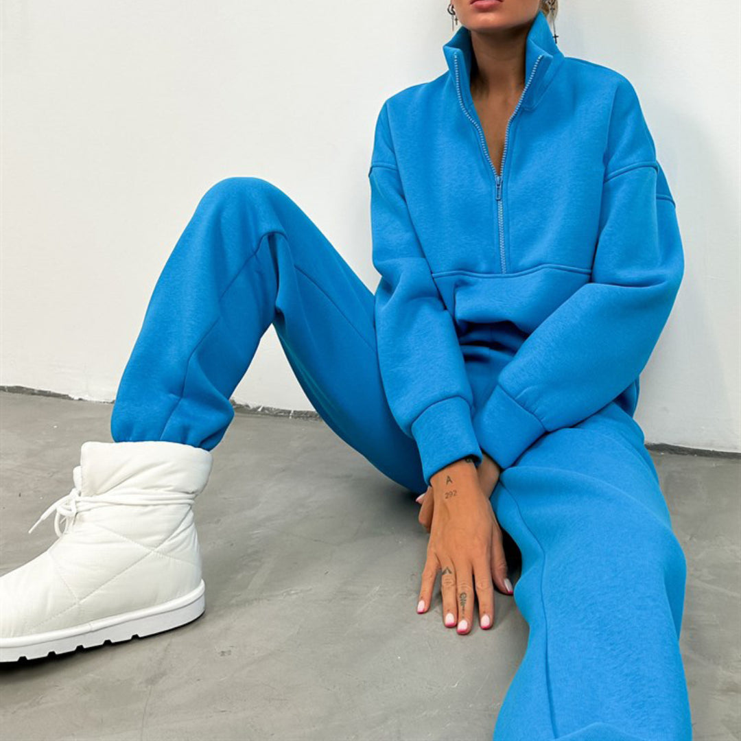 Damen sportliches Fleece-Set mit hohem Kragen und elastischem Bund R&B