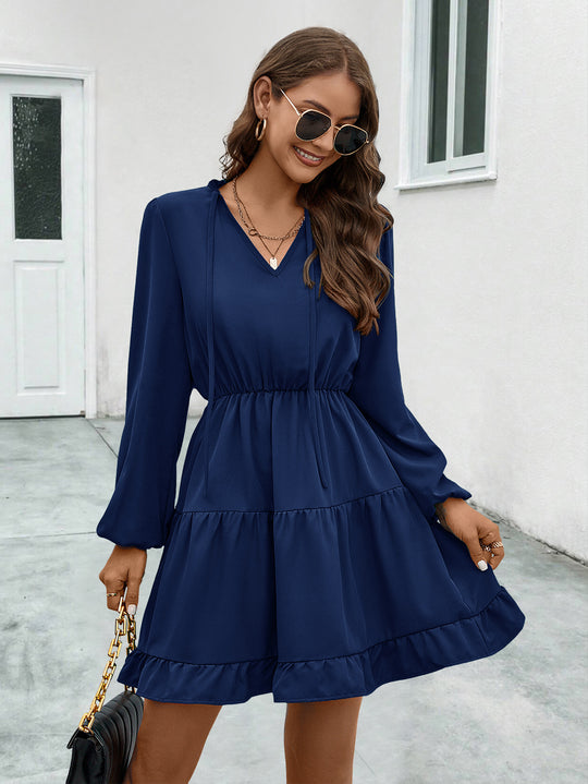 Damen V-Ausschnitt Kleid mit Rüschendetails und elastischem Taillenzug R&B