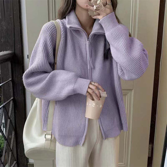 Damen Strickjacke mit hohem Kragen und durchgehendem Reißverschluss R&B