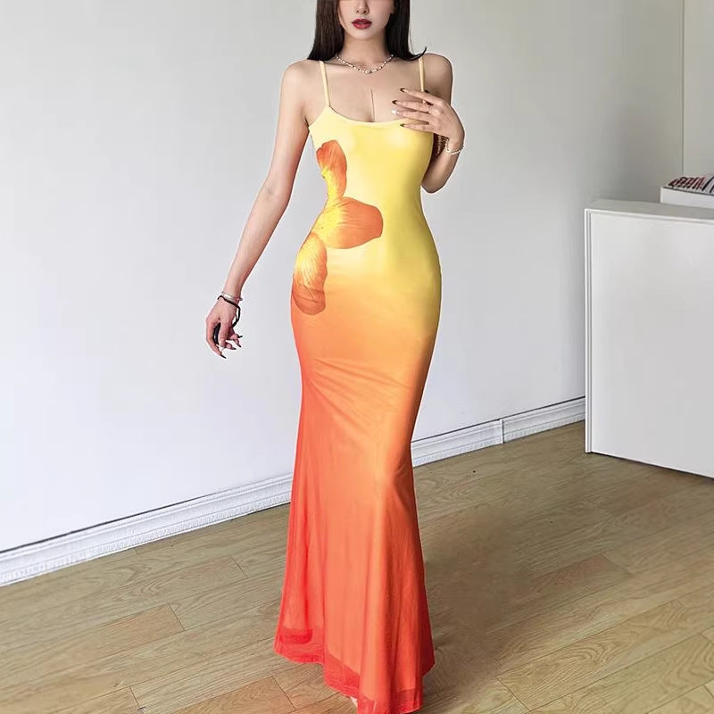 Damen figurbetontes Abendkleid mit Spaghettiträgern und Farbverlauf R&B