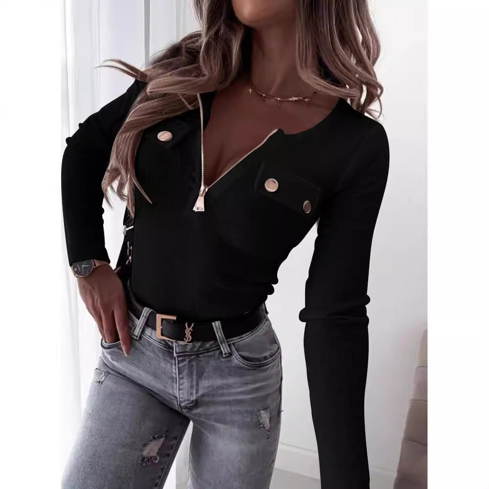 Damen Langarmshirt mit tiefem V-Ausschnitt und Reißverschluss R&B