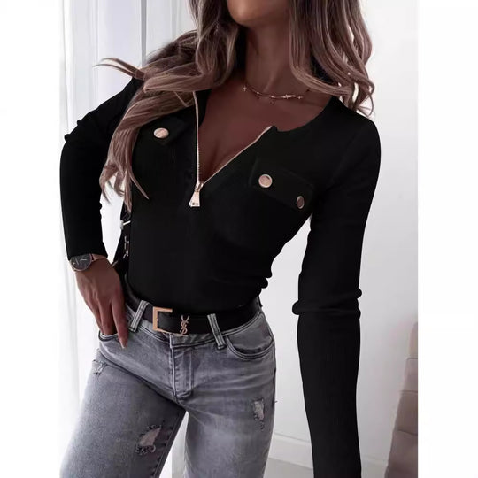 Damen Langarmshirt mit tiefem V-Ausschnitt und Reißverschluss R&B