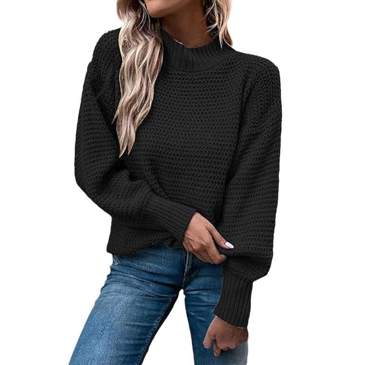 Damen modischer Strickpullover mit hohem Kragen und strukturiertem Muster R&B
