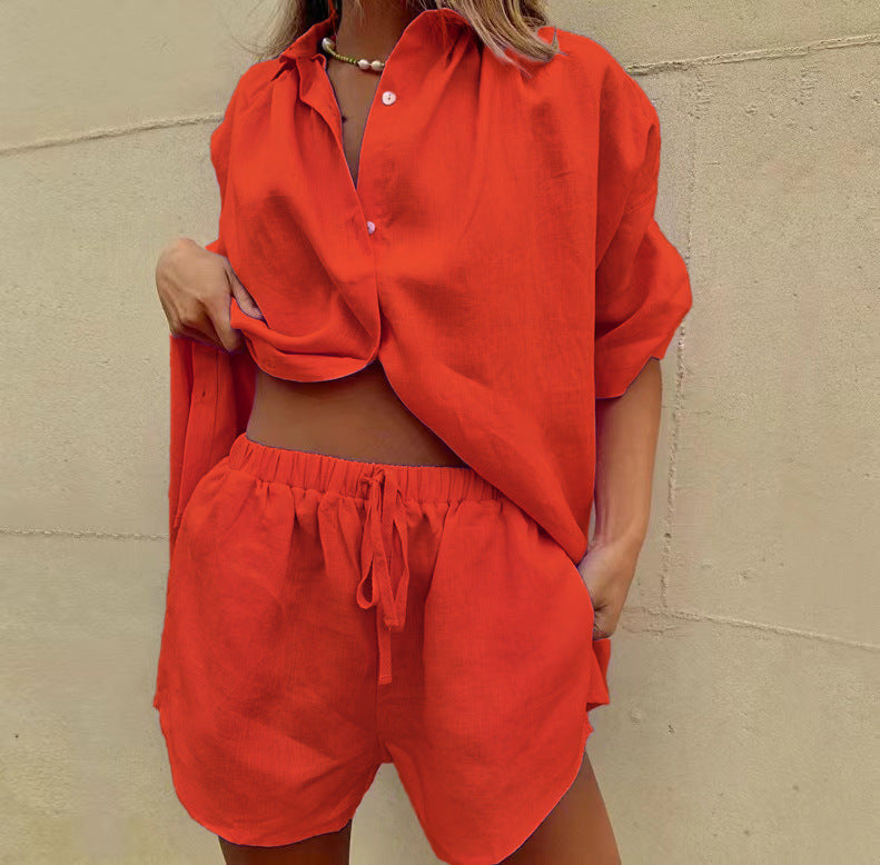 Damen lässiges Leinen-Set mit oversized Hemd und kurzen Hosen R&B