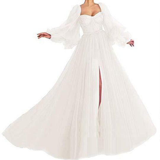 Damen Tüll Abendkleid mit voluminösen Ärmeln und seitlichem Schlitz R&B