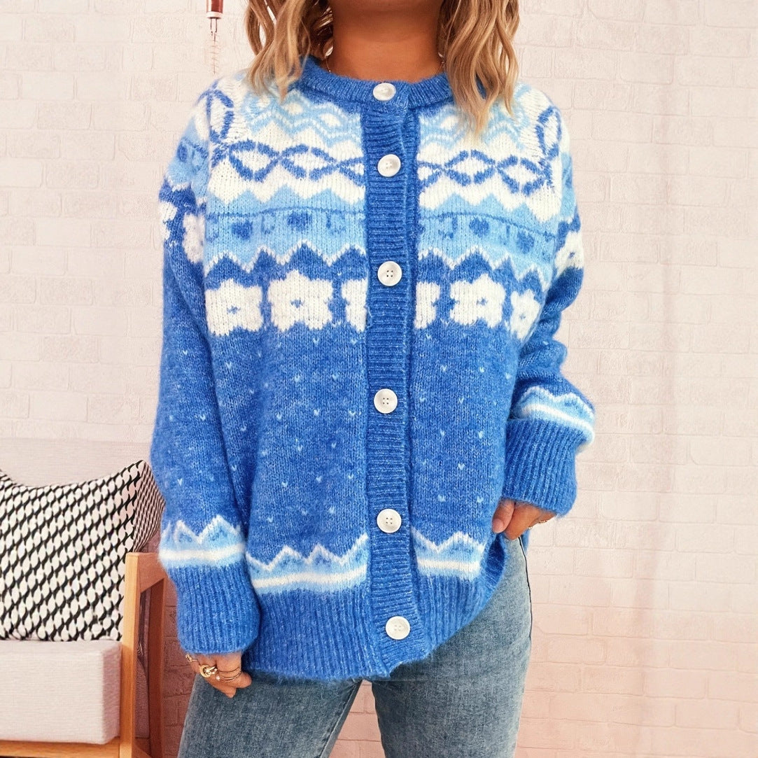Damen gemütliche Strickjacke mit blauen Mustern und Knopfverschluss R&B