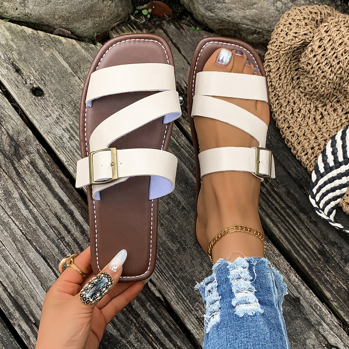 Damen Bequeme Riemchensandalen mit verstellbarem Schnallenverschluss R&B