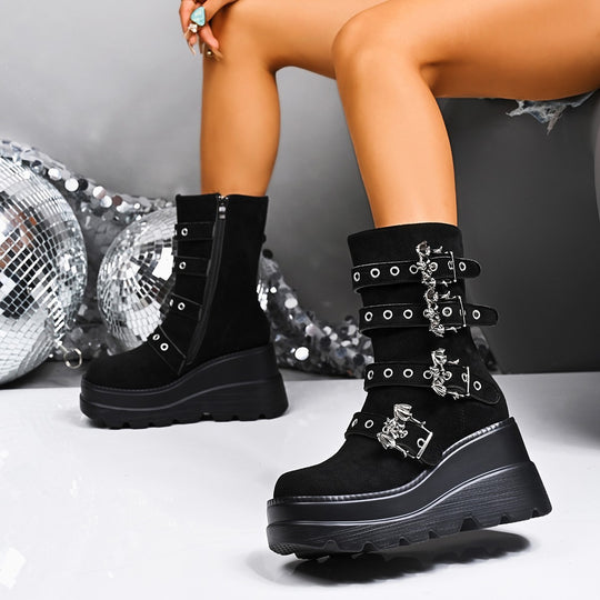 Damen Wedge-Stiefeletten mit modischen Schnallen und rutschfester Sohle R&B
