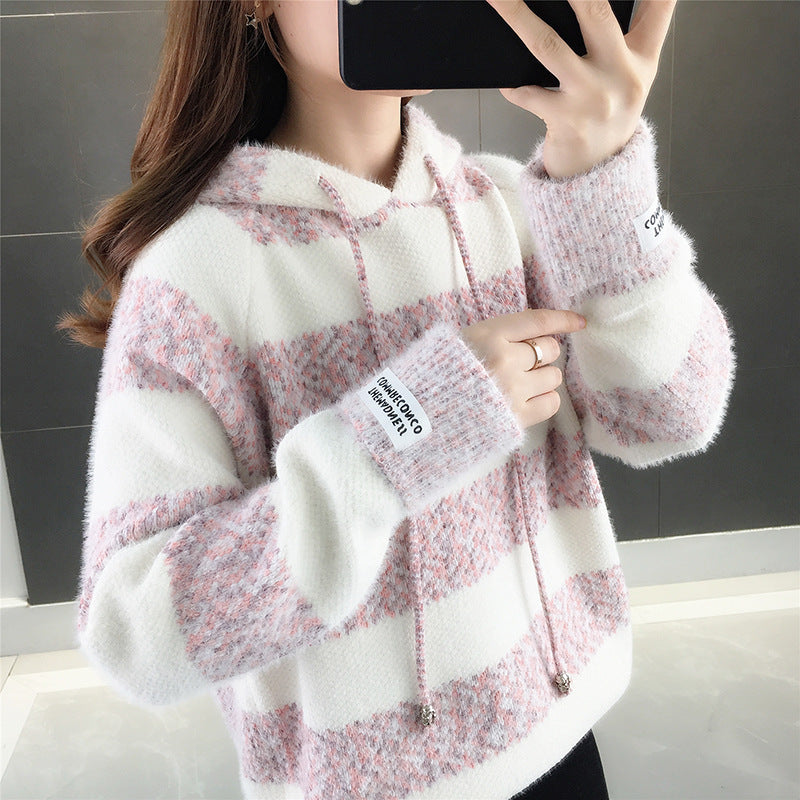 Damen Freizeit Hoodie mit strukturiertem Streifenmuster und Kordelzug R&B