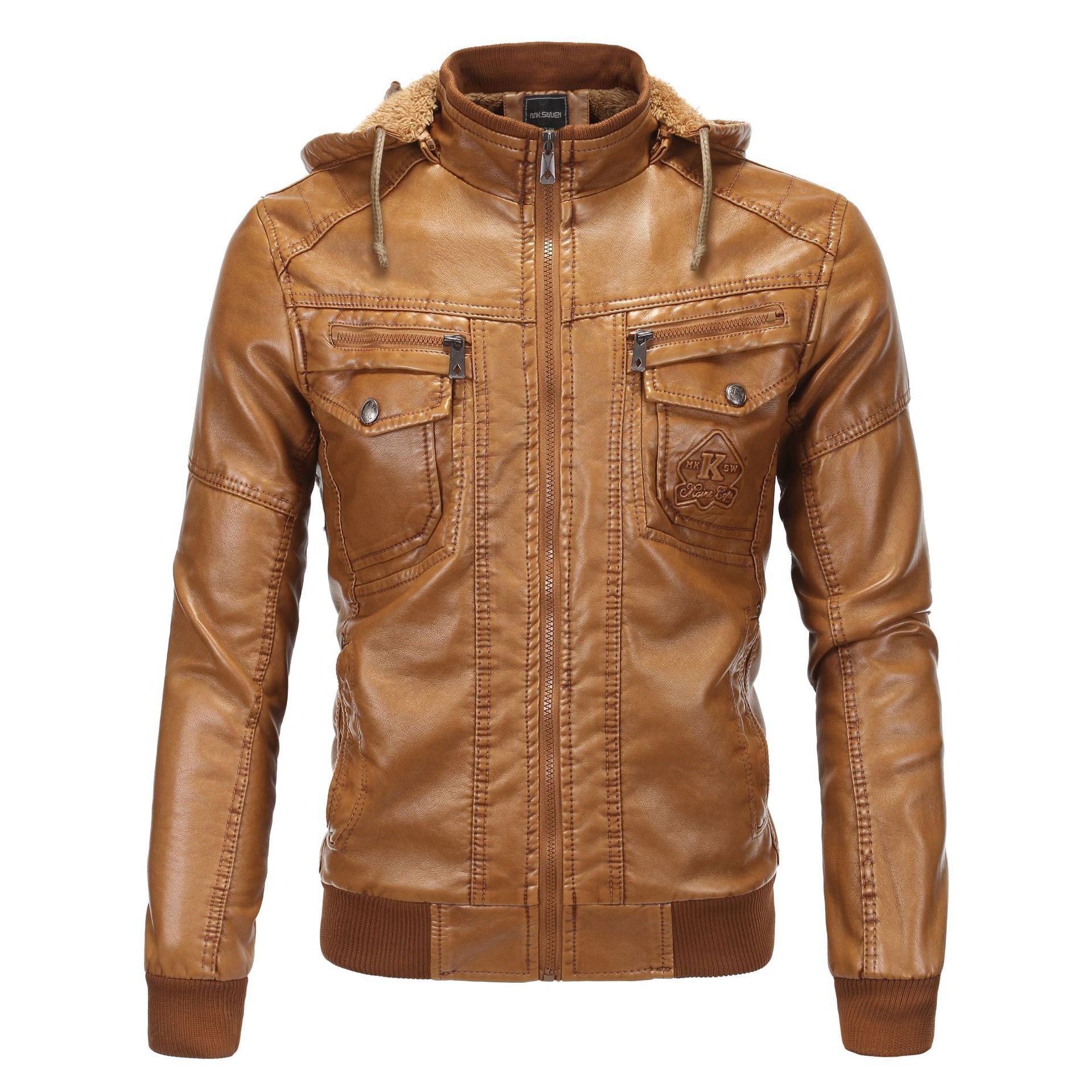 Herren Kunstlederjacke mit Kapuze und Fleece-Futter