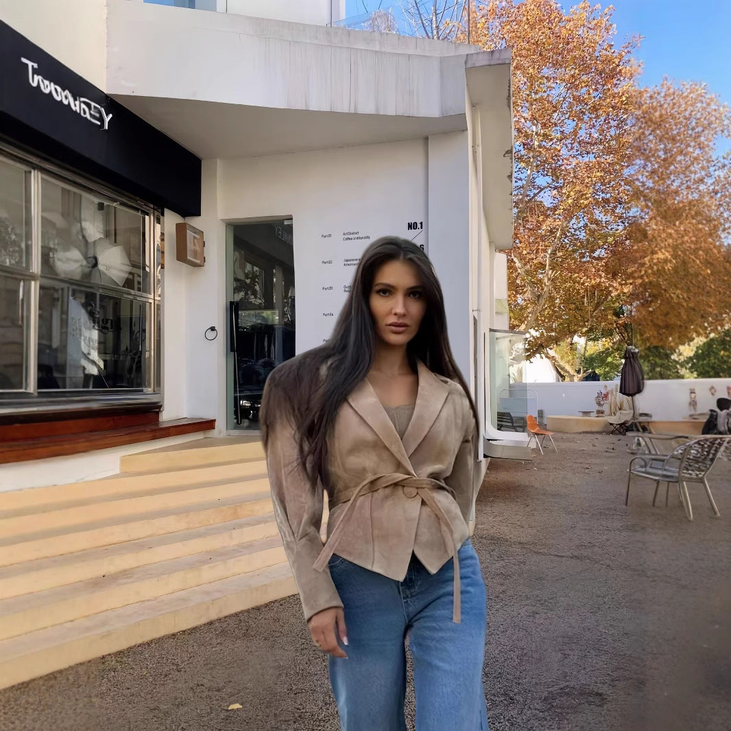 Damen schicke Wollblazerjacke mit Taillengürtel R&B