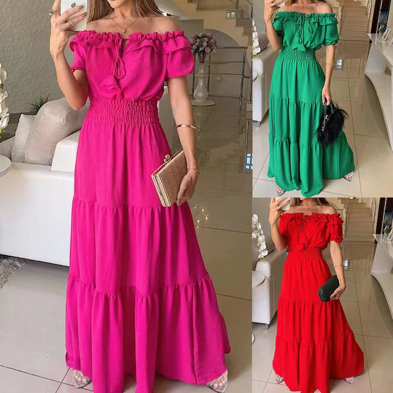 Damen Maxikleid mit Schulterfreiem Design und Voluminösen Rüschen R&B