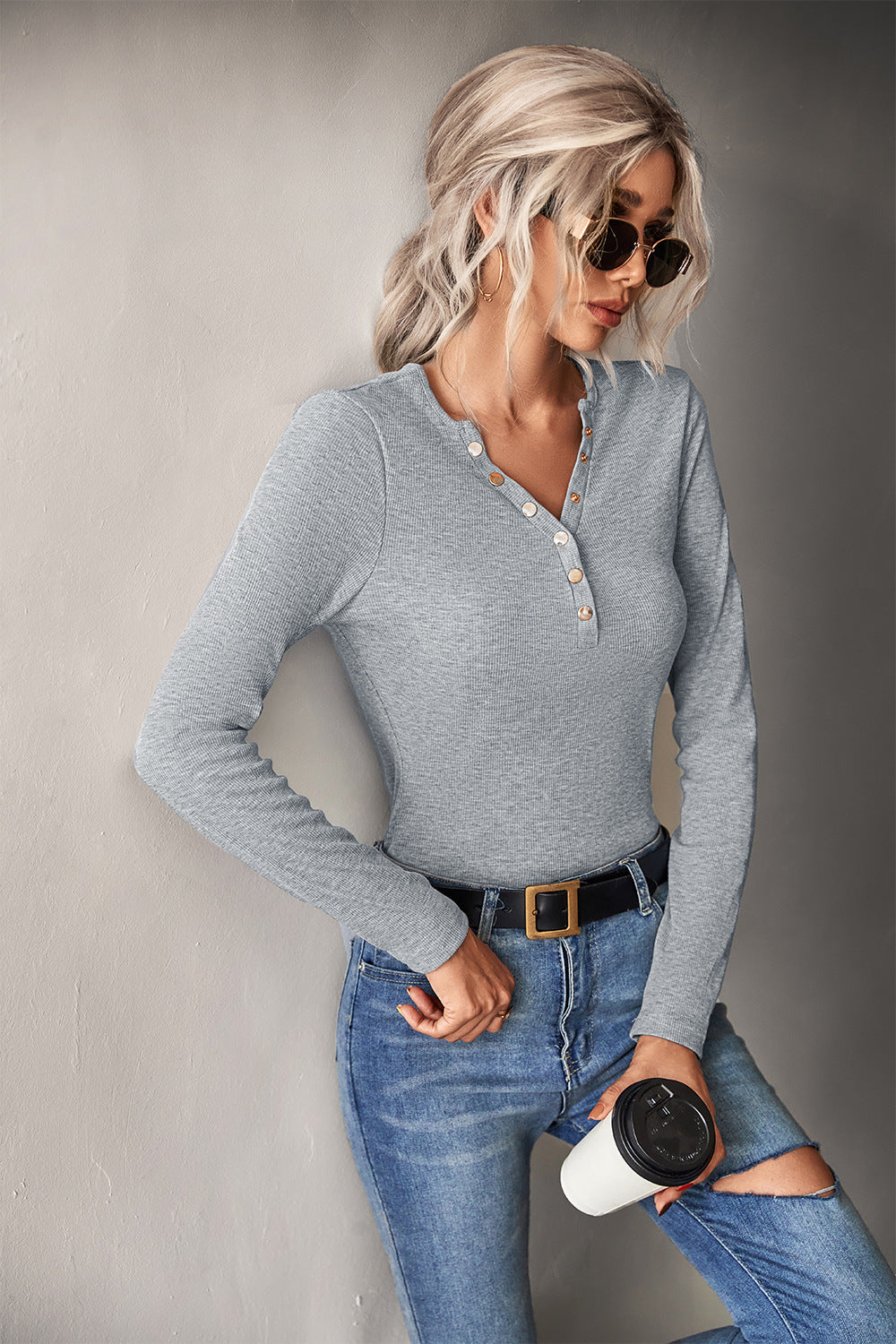 Damen Langarmshirt mit modischer Knopfleiste R&B