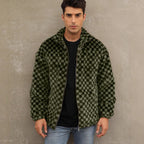 Herren Plüschjacke mit Karo-Muster und hohem Kragen R&B