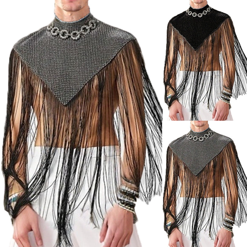 Damen nan langes Fransen-Cape mit Rollkragen und V-förmigem Einsatz R&B