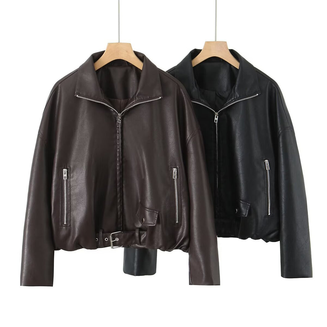 Damen Kunstlederjacke mit taillierbarem Gürtel und seitlichen Reißverschlusstaschen R&B