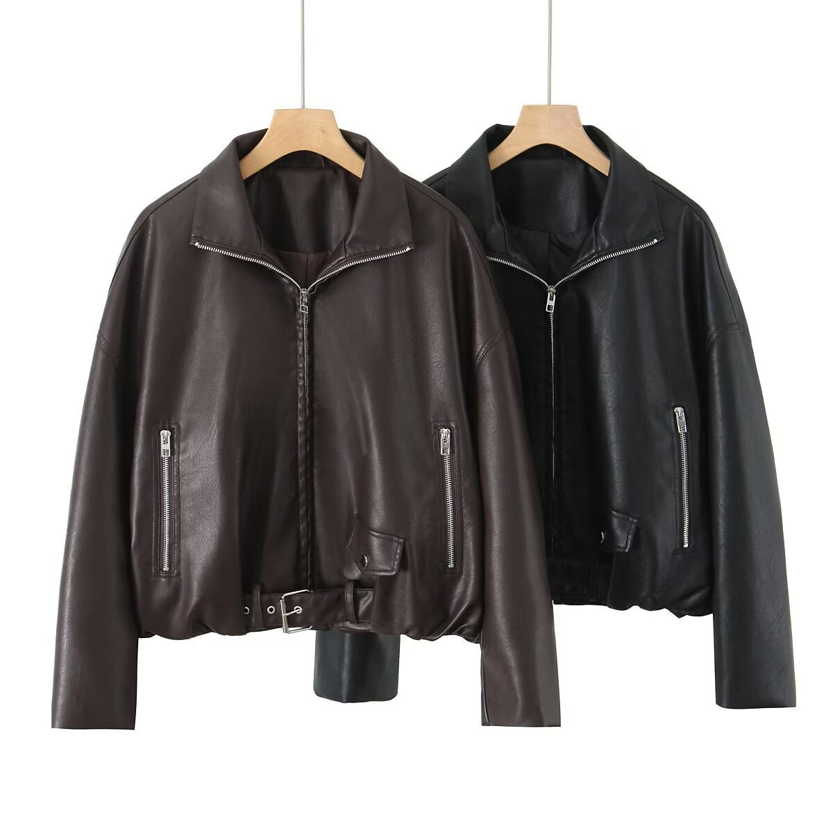 Damen Kunstlederjacke mit taillierbarem Gürtel und seitlichen Reißverschlusstaschen R&B