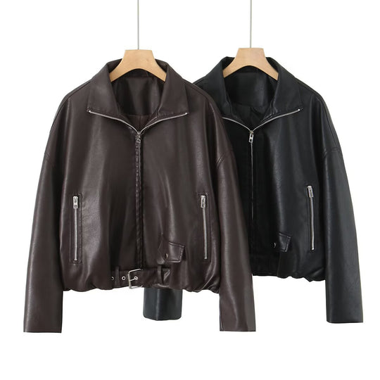 Damen Kunstlederjacke mit taillierbarem Gürtel und seitlichen Reißverschlusstaschen R&B