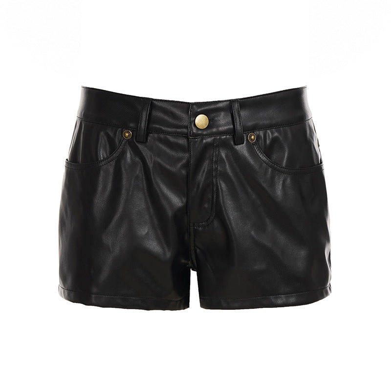 Damen Kunstleder Shorts mit hohem Bund und dekorativen Taschen R&B