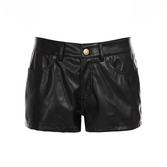 Damen Kunstleder Shorts mit hohem Bund und dekorativen Taschen R&B