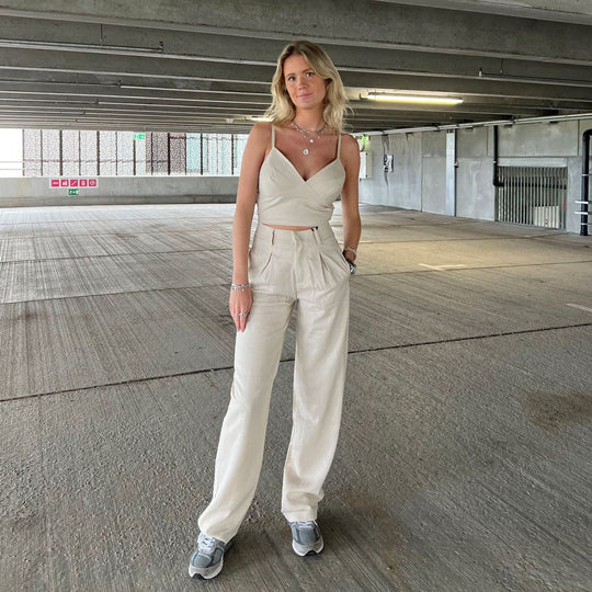 Damen lässiges Zweiteiler-Set mit cropped Oberteil und weiten Hosen R&B