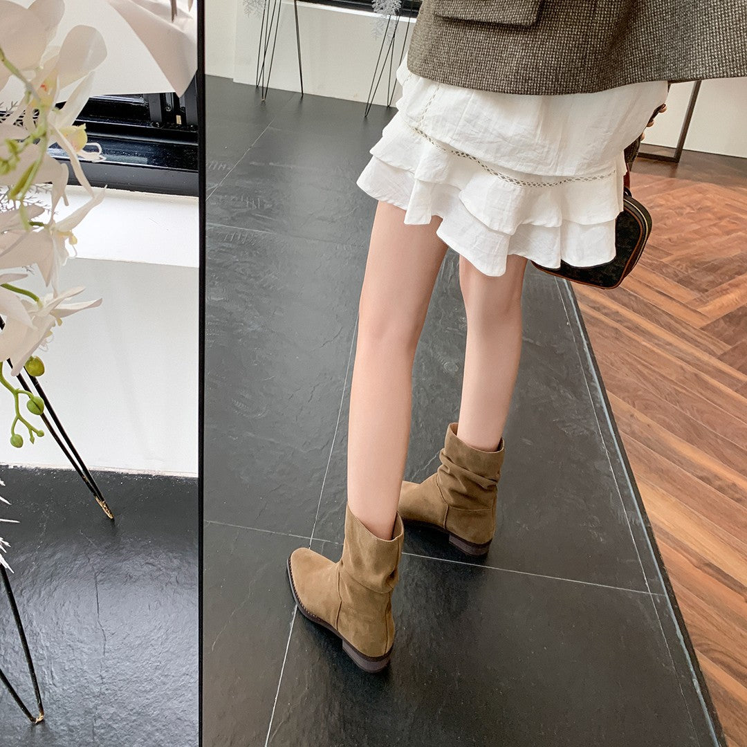 Damen modische Stiefeletten mit gerafftem Design und bequemem Blockabsatz R&B