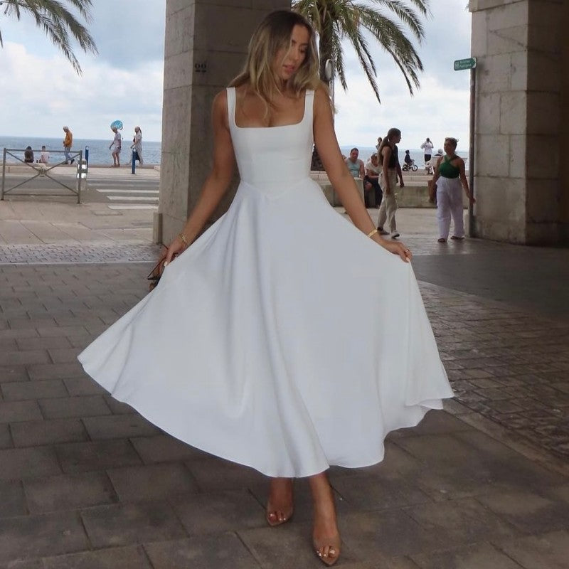 Damen Elegantes Maxikleid mit quadratischem Ausschnitt und fließendem Rock R&B
