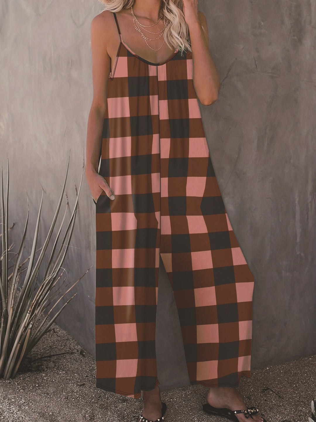 Damen Lässiger Jumpsuit im karierten Design mit praktischen Taschen R&B
