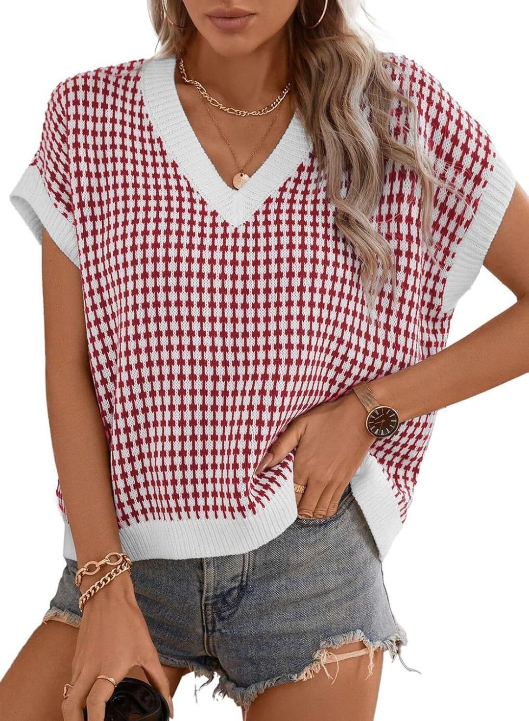 Damen lässiger V-Ausschnitt Pullover mit geometrischem Muster R&B
