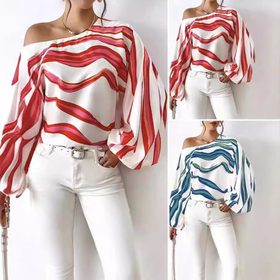 Damen Off-Shoulder Bluse mit voluminösen Ärmeln und maritimem Wellenmuster R&B
