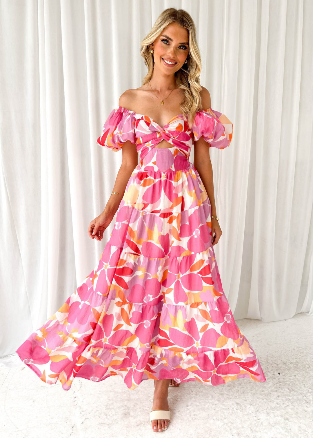 Damen Maxikleid mit voluminösen Puffärmeln und floralem Muster R&B