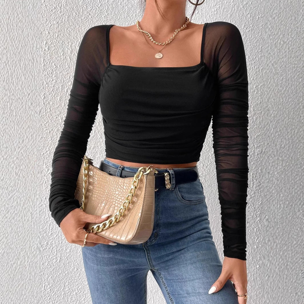Damen Cropped Oberteil mit transparenten Ärmeln R&B