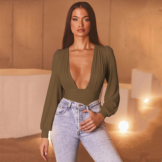 Damen Eleganter Langarm-Bodysuit mit V-Ausschnitt R&B