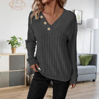 Damen lässiger V-Ausschnitt Pullover mit Knopfdetails und feinem Rippenmuster R&B