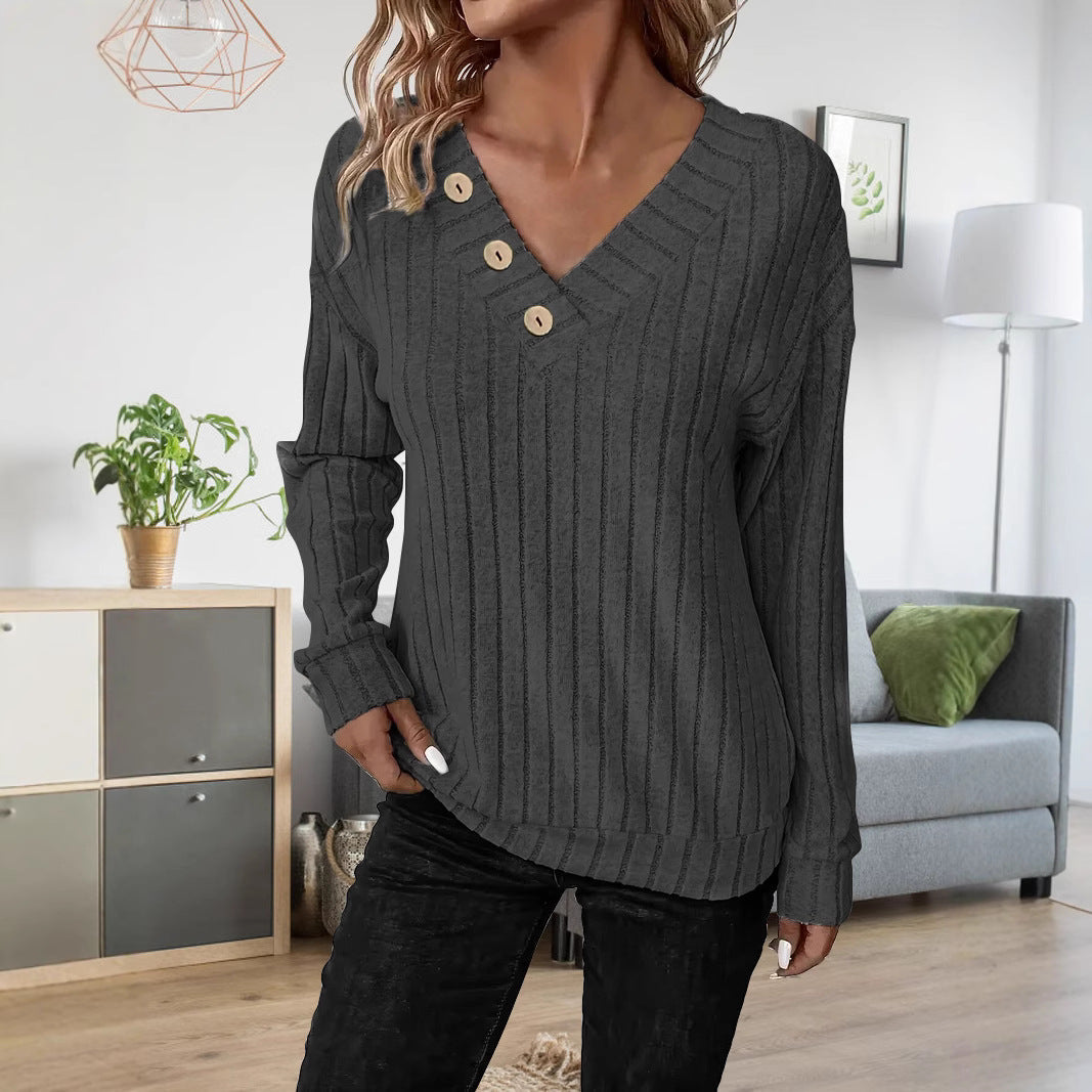 Damen lässiger V-Ausschnitt Pullover mit Knopfdetails und feinem Rippenmuster R&B