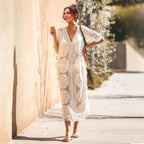 Damen Elegantes Häkel-Strandüberwurfkleid mit voluminösen Ärmeln und V-Ausschnitt R&B