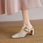 Damen elegante Mules mit modischem Geflecht und komfortablem Blockabsatz R&B