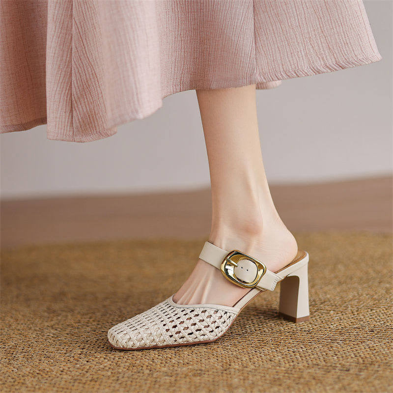 Damen elegante Mules mit modischem Geflecht und komfortablem Blockabsatz R&B