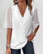 Damen nan elegantes Chiffon-Oberteil mit plissierter V-Passe und transparenten Zickzackärmeln R&B