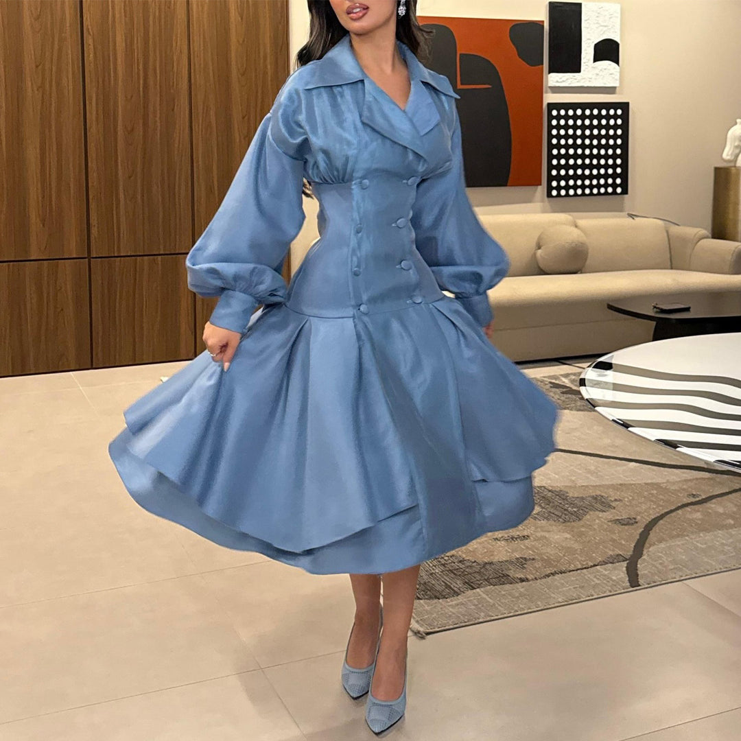 Damen Vintage-inspiriertes A-Linien-Kleid mit eleganten Puffärmeln und Knopfleiste R&B