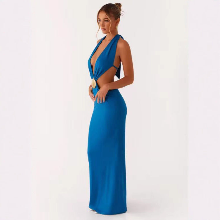 Damen Glamouröses Maxikleid mit tiefem V-Ausschnitt und seitlichen Cut-Outs R&B