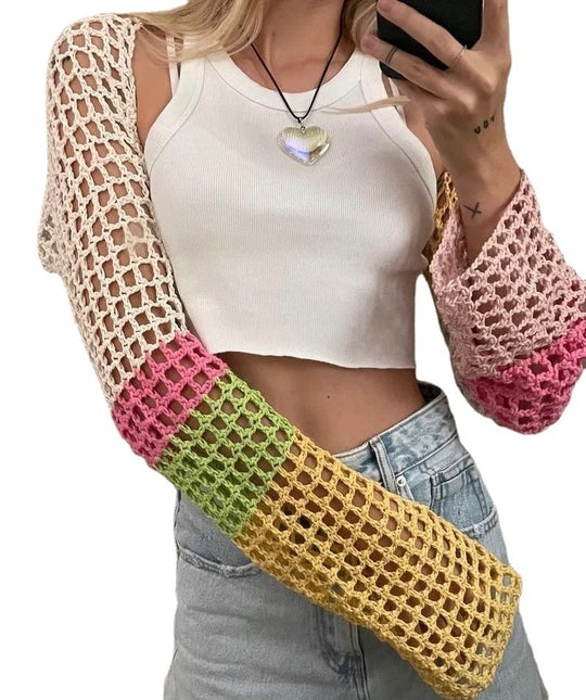 Damen gehäkeltes Langarm-Oberteil mit buntem Netzdesign R&B