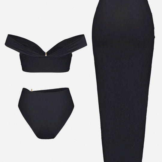 Damen Bikini-Set mit eleganter Wickelrock-Optik und modischem Stern-Applikation R&B