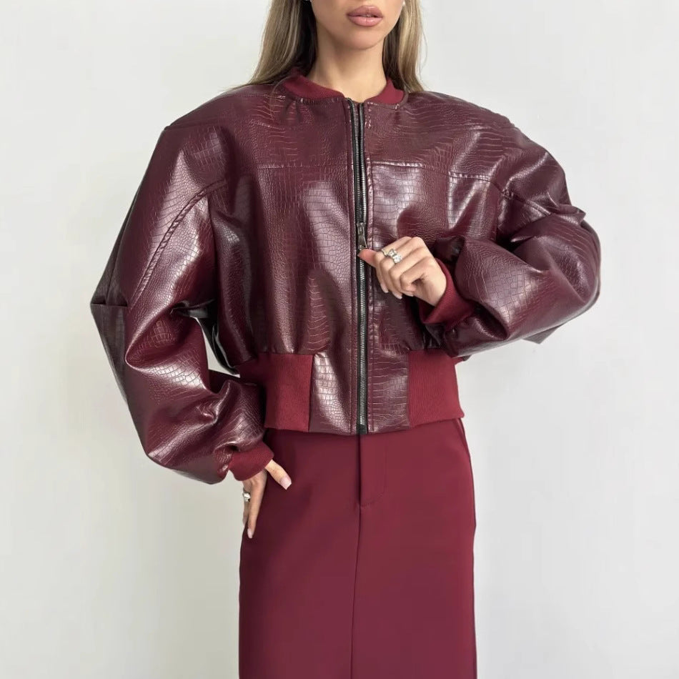 Damen trendige cropped Kunstlederjacke mit voluminösen Ärmeln R&B